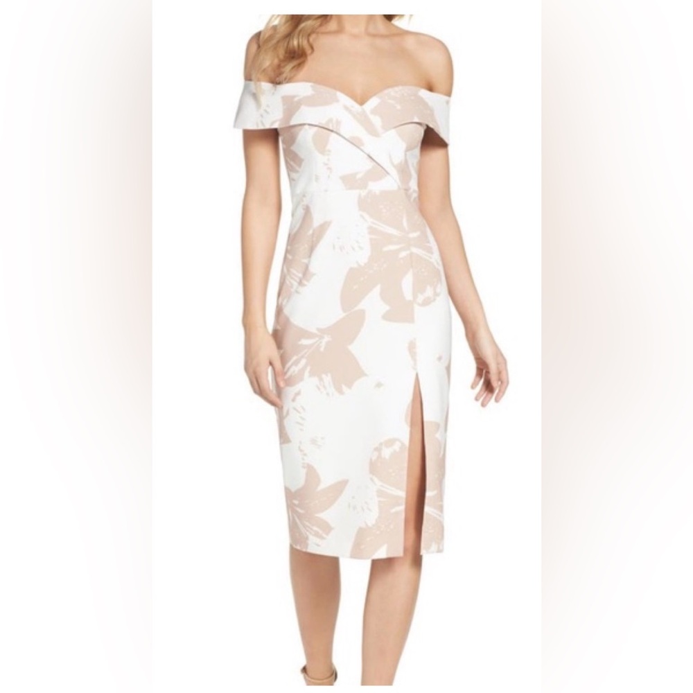 Bardot Off Shoulder Floral Midi Dress Cream Beige Wedding Guest Size 4